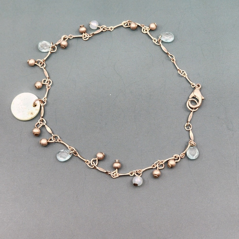 Antiqued Copper Tone Charm Bracelet Blue Glass Beads Iridescent Disc Dangles
